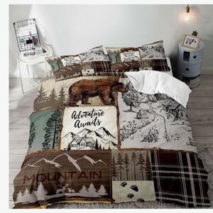 Adventure Awaits Mountain Bear Duvet Cover With Pillow Cases - Brown Green
